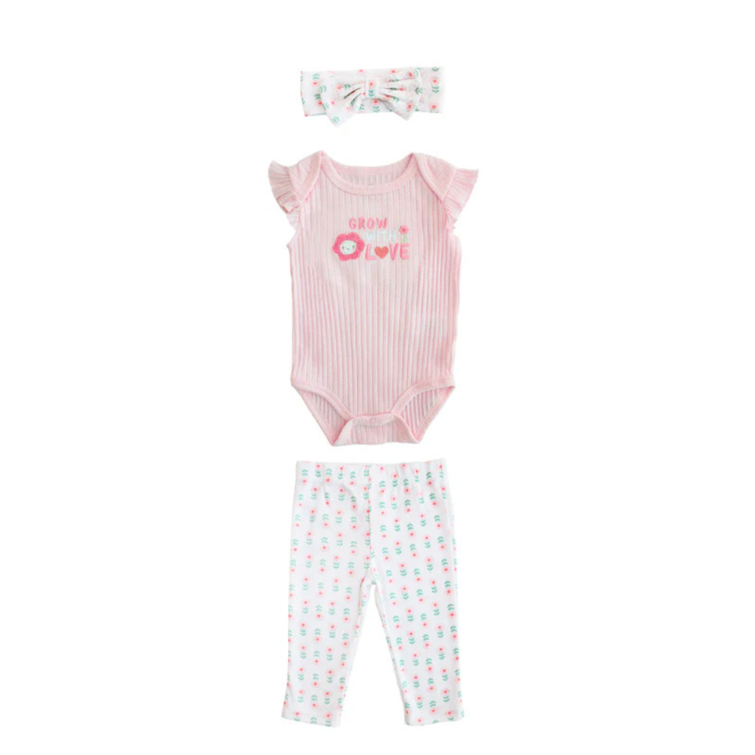 Set de 3 piezas para bebé flores rosas